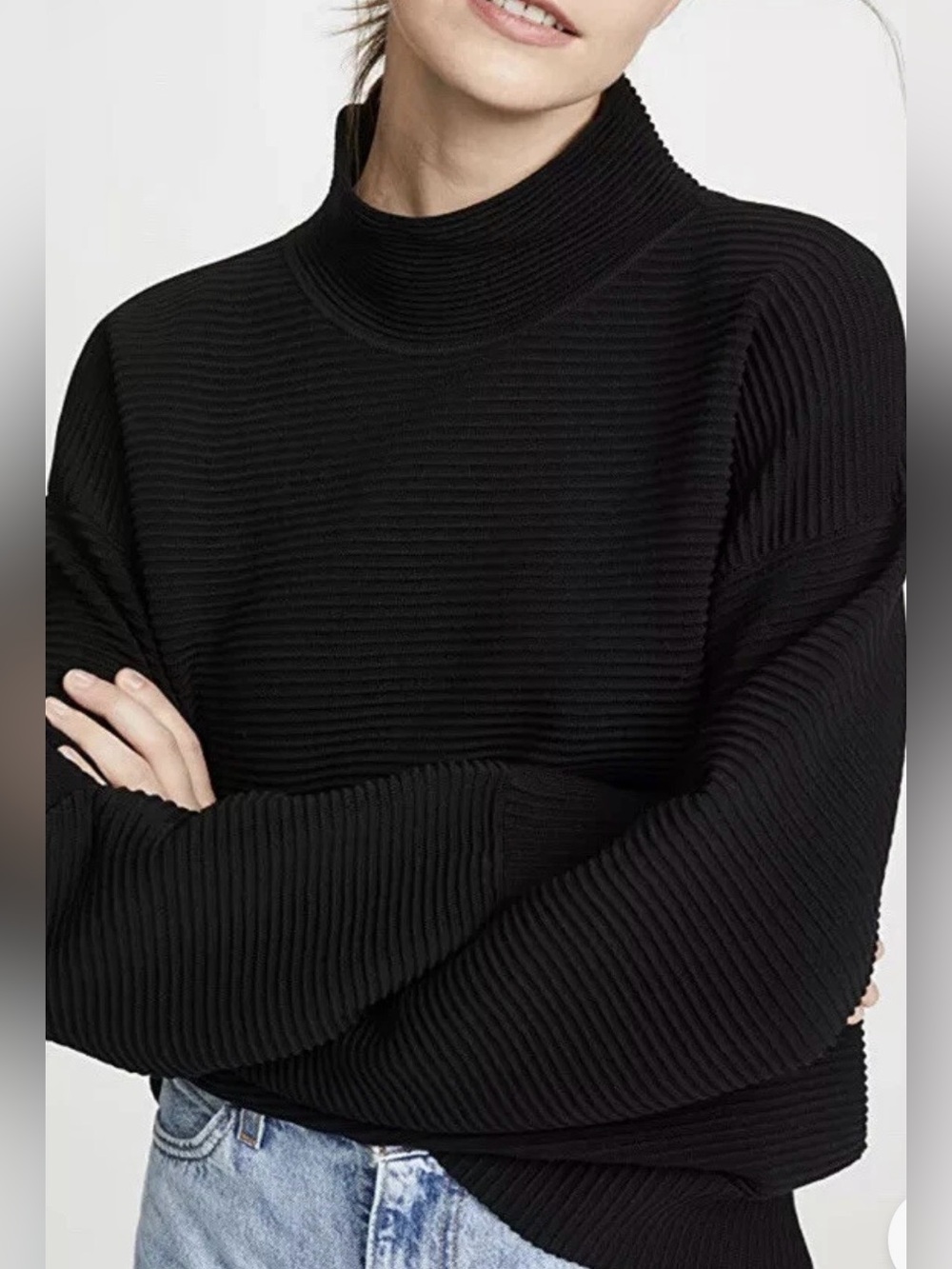 Nagnata Women’s Black Ribbed Organic Cotton Polo Neck Pullover Sweater Size S/M